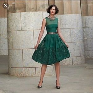 Anthropologie green midi dress with 3D floral embellishments